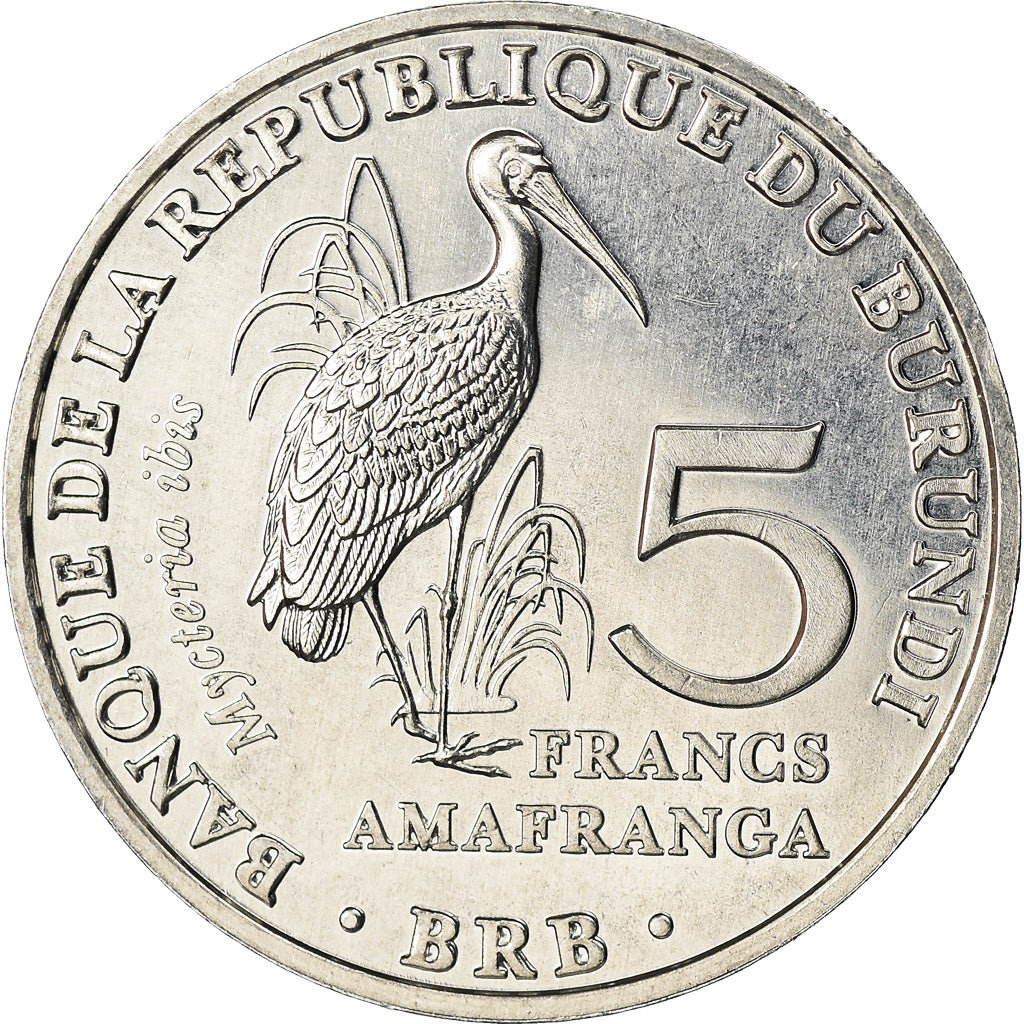 Coin, Burundi, 5 Francs, 2014, Oiseaux - Tantale ibis, MS(63), Aluminum, KM:27