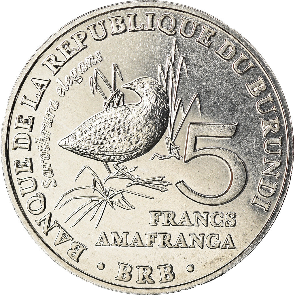 Moneda, Burundi, 5 Francs, 2014, Oiseaux - Râle ponctué, SC, Aluminio, KM:26