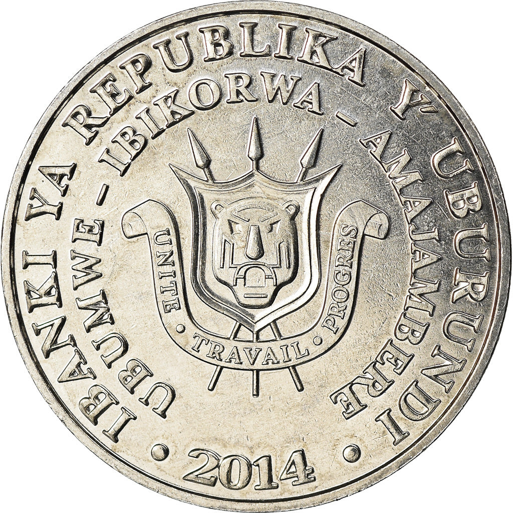 Coin, Burundi, 5 Francs, 2014, Oiseaux - Bucorve du Sud, MS(63), Aluminum, KM:29
