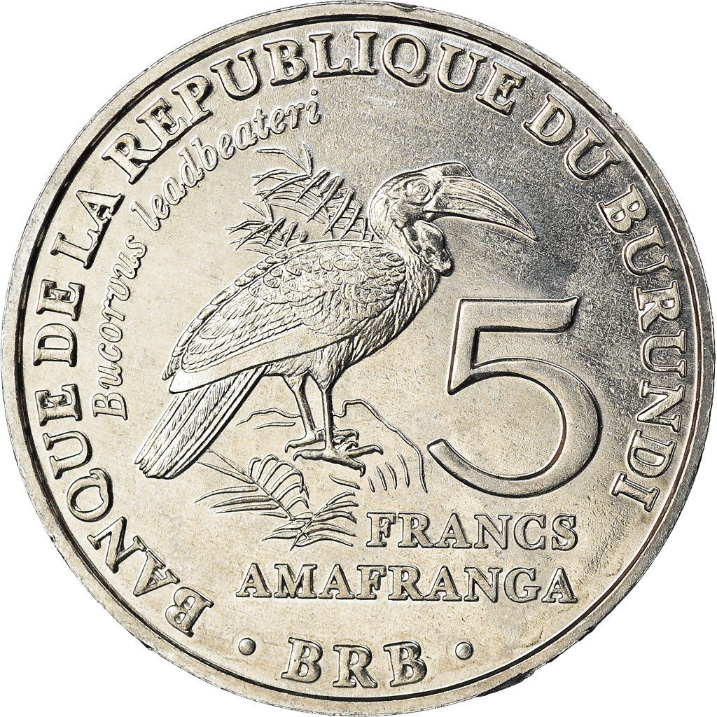 Coin, Burundi, 5 Francs, 2014, Oiseaux - Bucorve du Sud, MS(63), Aluminum, KM:29