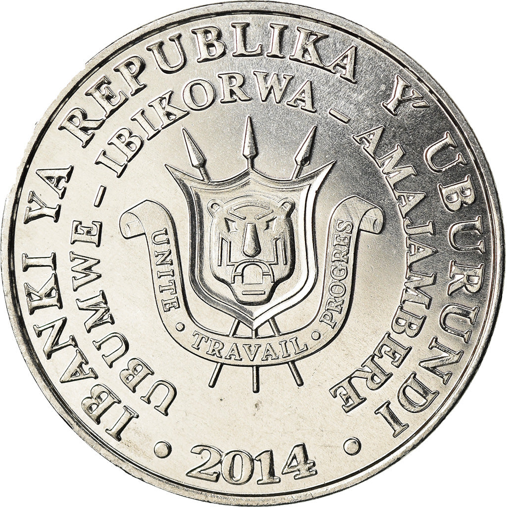 Coin, Burundi, 5 Francs, 2014, Oiseaux - Bucorve du Sud, MS(63), Aluminum, KM:29