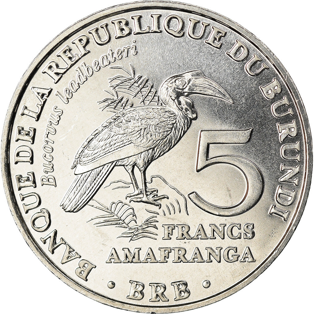 Coin, Burundi, 5 Francs, 2014, Oiseaux - Bucorve du Sud, MS(63), Aluminum, KM:29