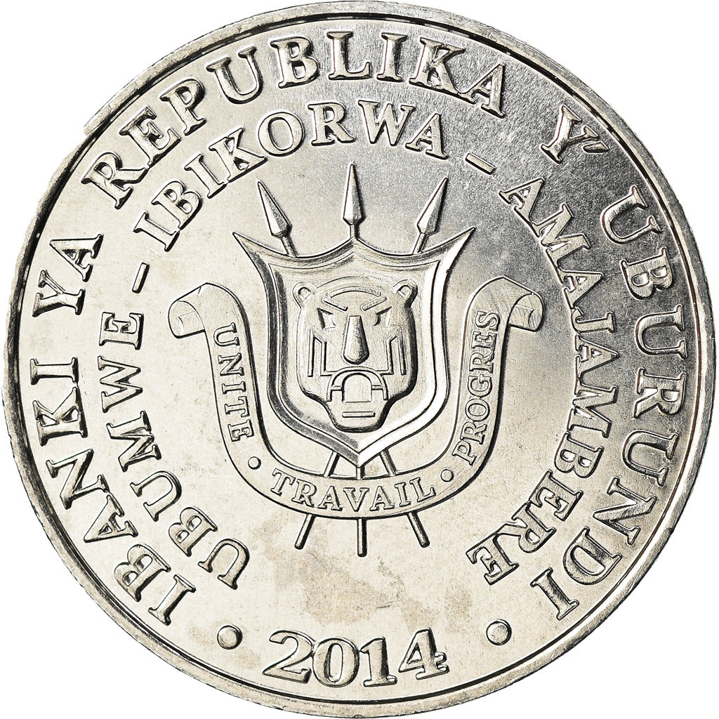 Coin, Burundi, 5 Francs, 2014, Oiseaux - Bucorve du Sud, MS(63), Aluminum, KM:29