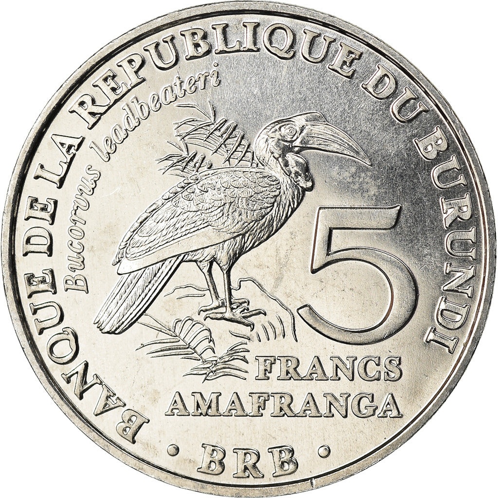 Coin, Burundi, 5 Francs, 2014, Oiseaux - Bucorve du Sud, MS(63), Aluminum, KM:29