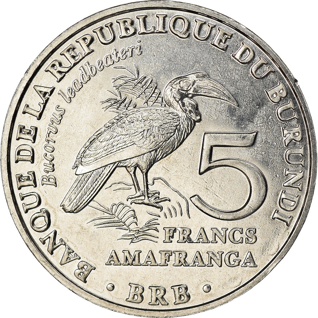 Coin, Burundi, 5 Francs, 2014, Oiseaux - Bucorve du Sud, MS(63), Aluminum, KM:29
