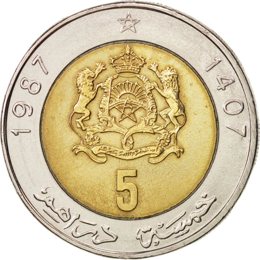 Morocco, al-Hassan II, 5 Dirhams, 1987, AU(50-53), Bi-Metallic, KM:82