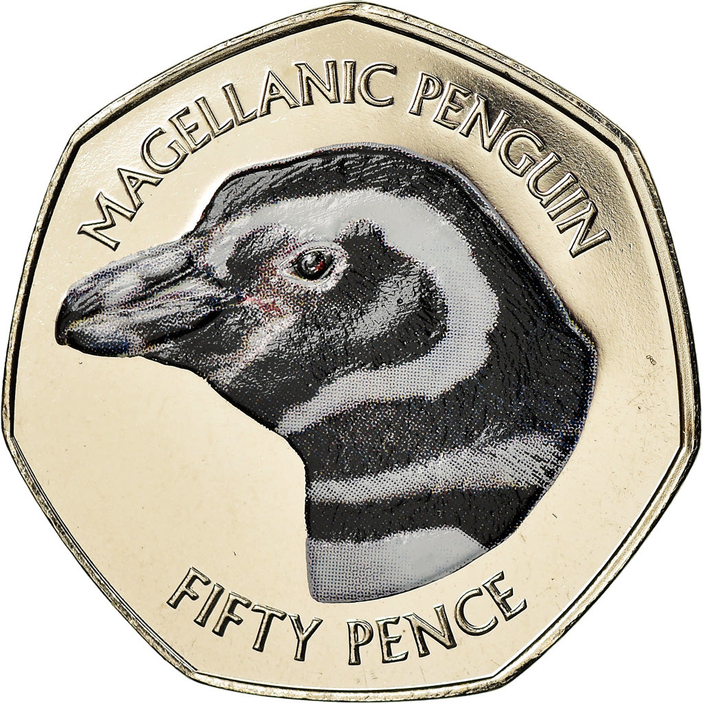 Moneta, Isole Falkland, 50 Pence, 2018, Manchot de Magellan, FDC, Rame-nichel
