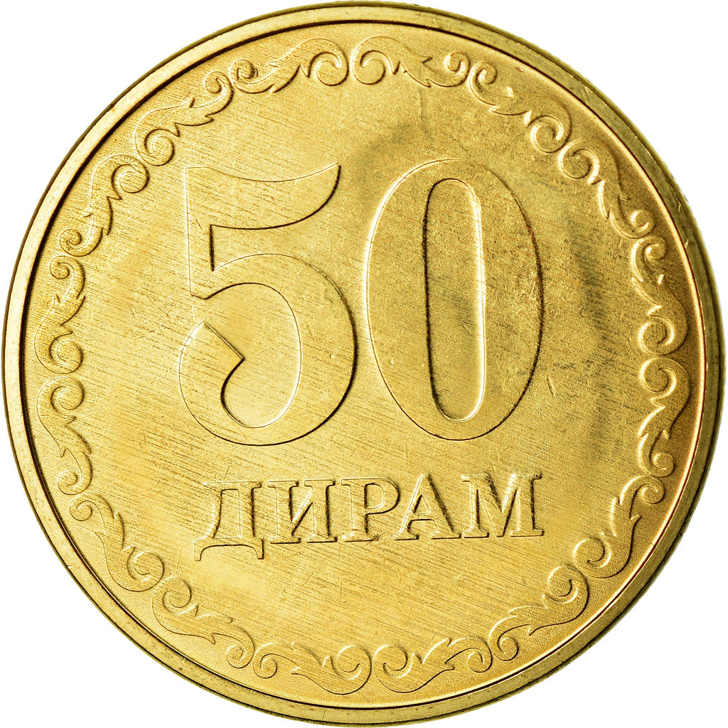 Moeda, Tajiquistão, 50 Dirams, 2019, St. Petersburg, MS(63), Aço Cromado a