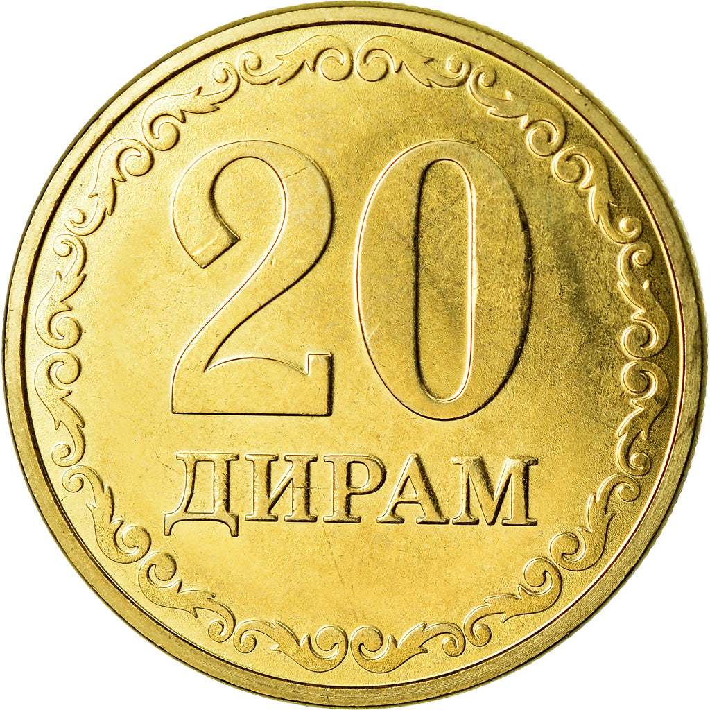 Moneda, Tayikistán, 20 Dirams, 2019, St. Petersburg, SC, Latón chapado en