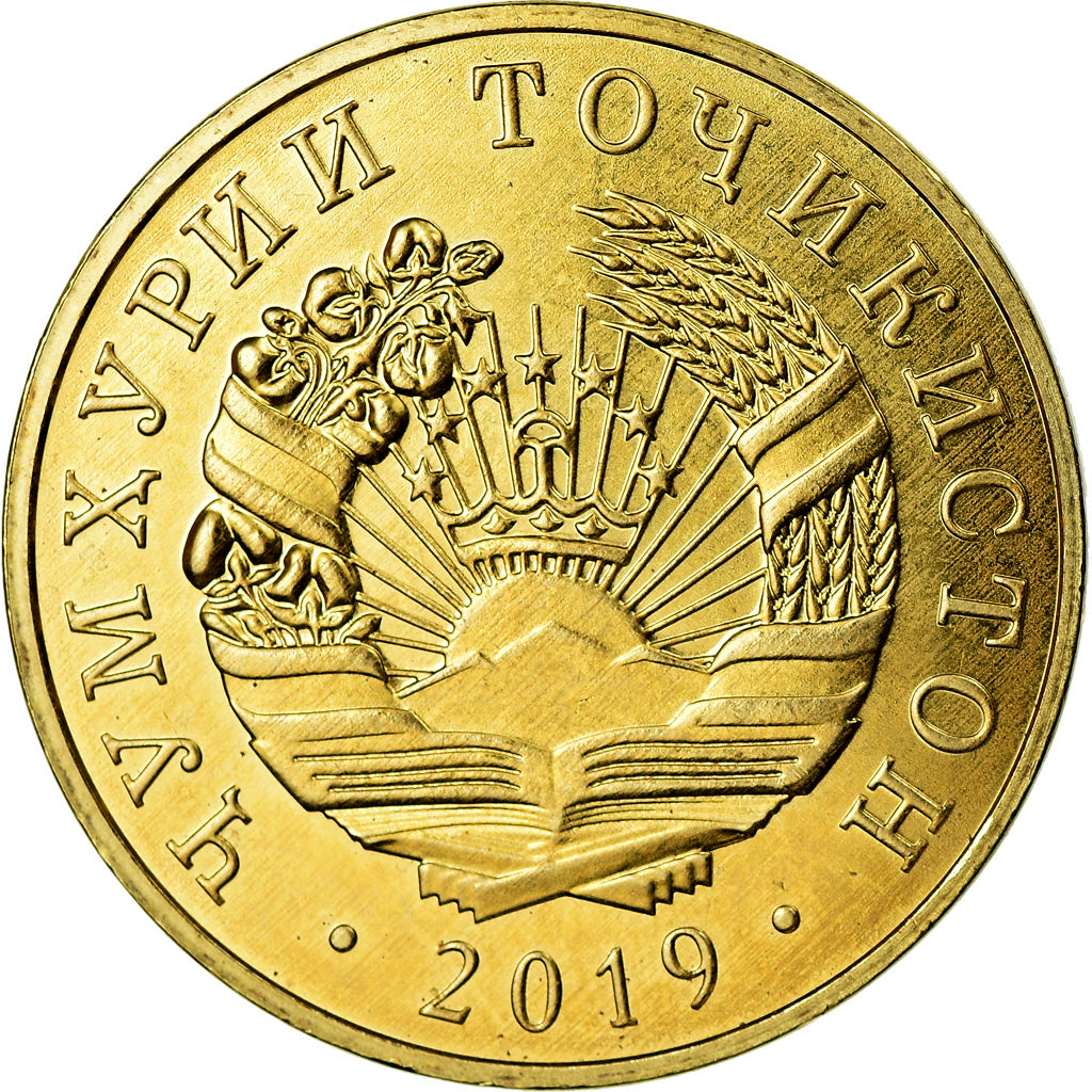 Moeda, Tajiquistão, 10 Dirams, 2019, St. Petersburg, MS(63), Aço Cromado a