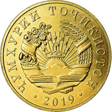 Moeda, Tajiquistão, 10 Dirams, 2019, St. Petersburg, MS(63), Aço Cromado a