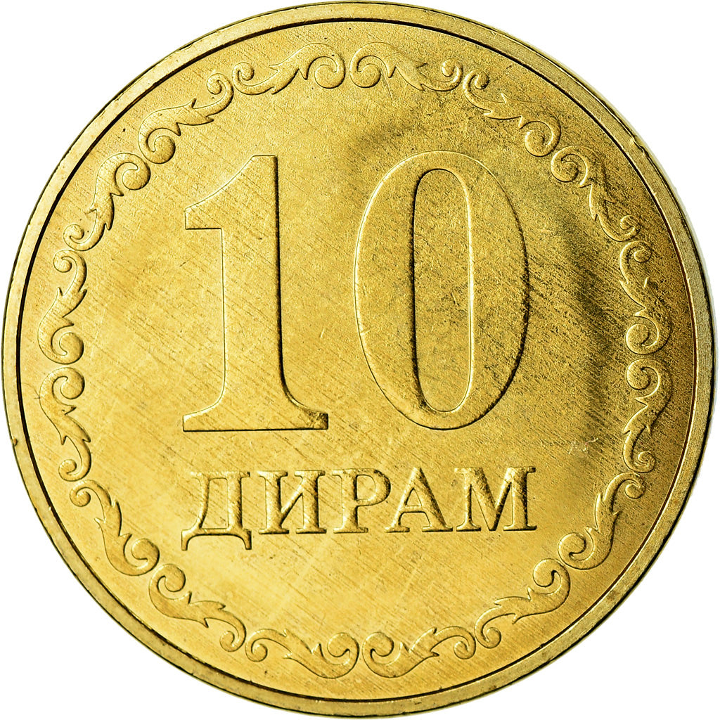 Moeda, Tajiquistão, 10 Dirams, 2019, St. Petersburg, MS(63), Aço Cromado a