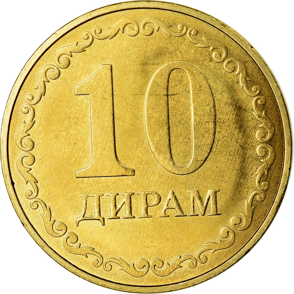 Coin, Tajikistan, 10 Dirams, 2019, St. Petersburg, MS(63), Brass plated steel