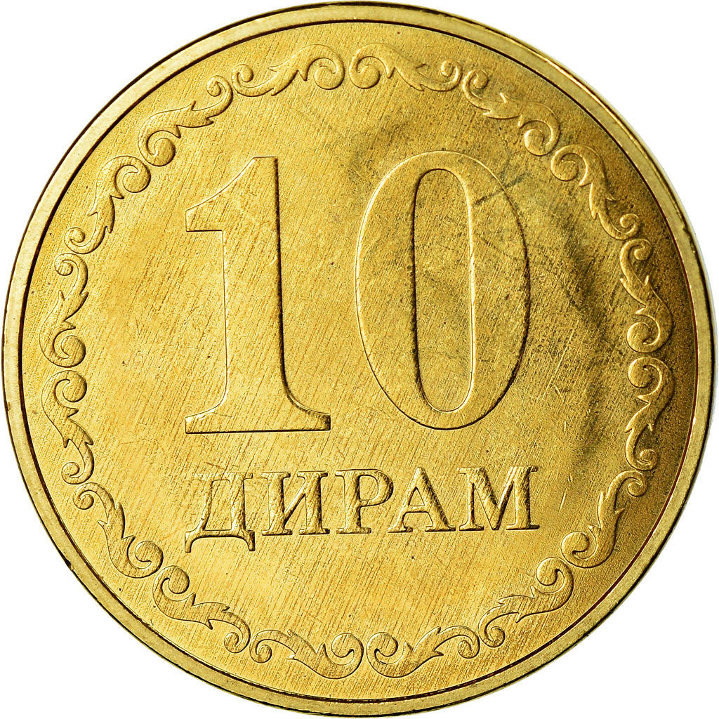 Coin, Tajikistan, 10 Dirams, 2019, St. Petersburg, MS(63), Brass plated steel