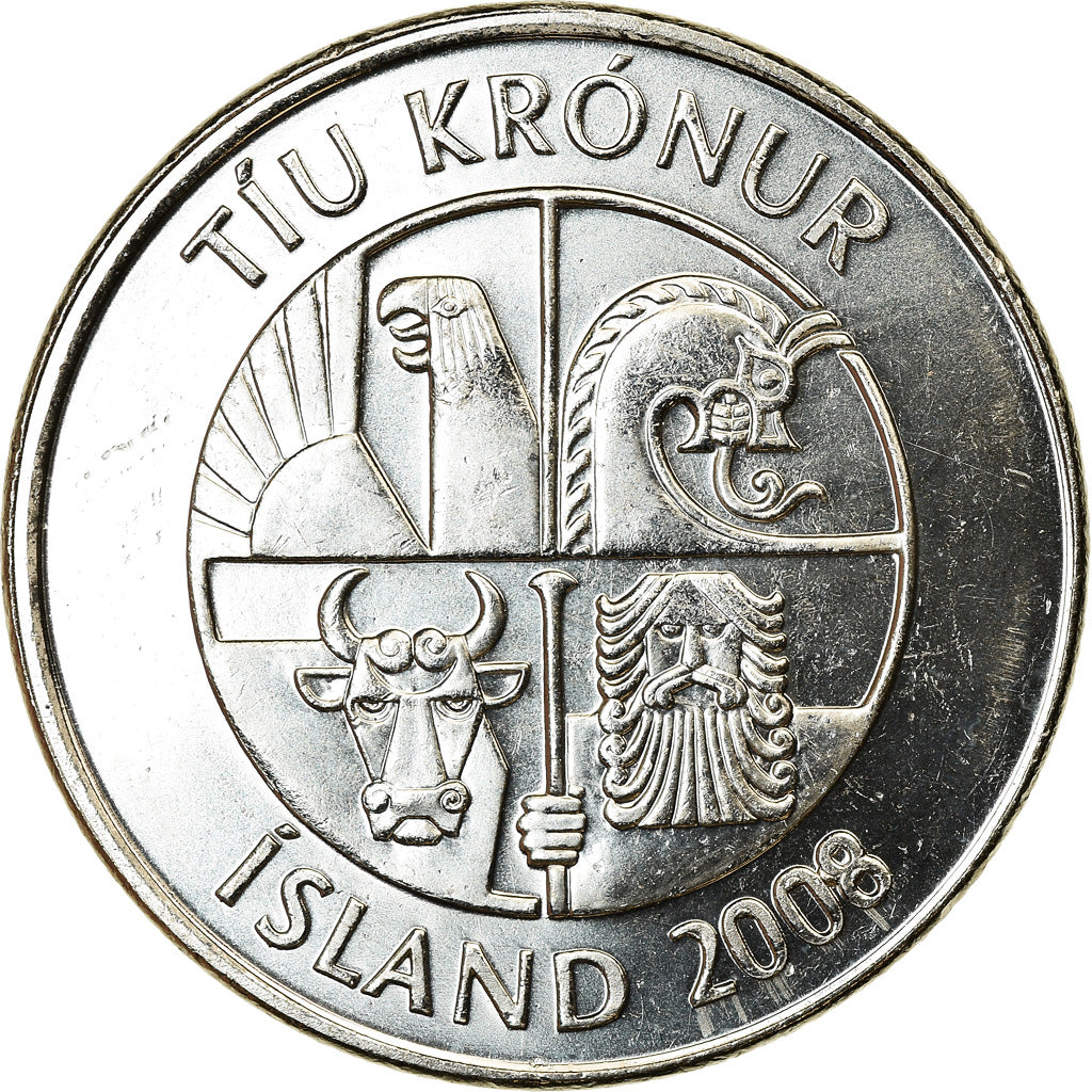 Munten, IJsland, 10 Kronur, 2008, UNC-, Nickel plated steel, KM:29.1a