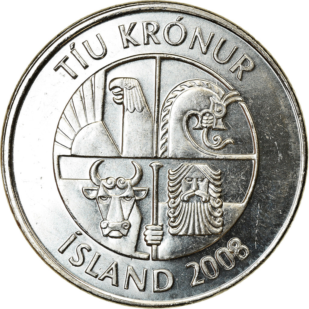 Munten, IJsland, 10 Kronur, 2008, UNC-, Nickel plated steel, KM:29.1a