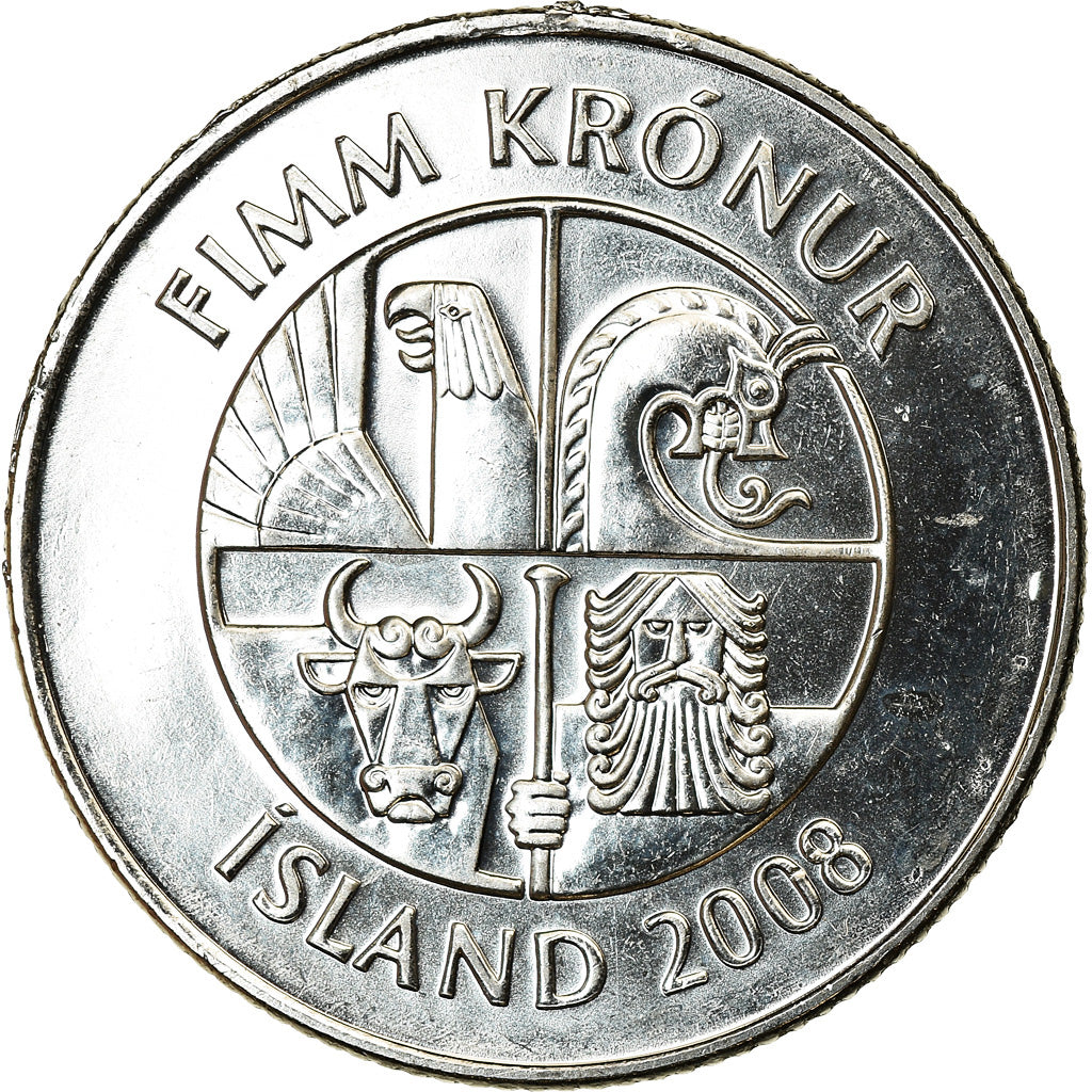 Coin, Iceland, 5 Kronur, 2008, MS(63), Nickel plated steel, KM:28a