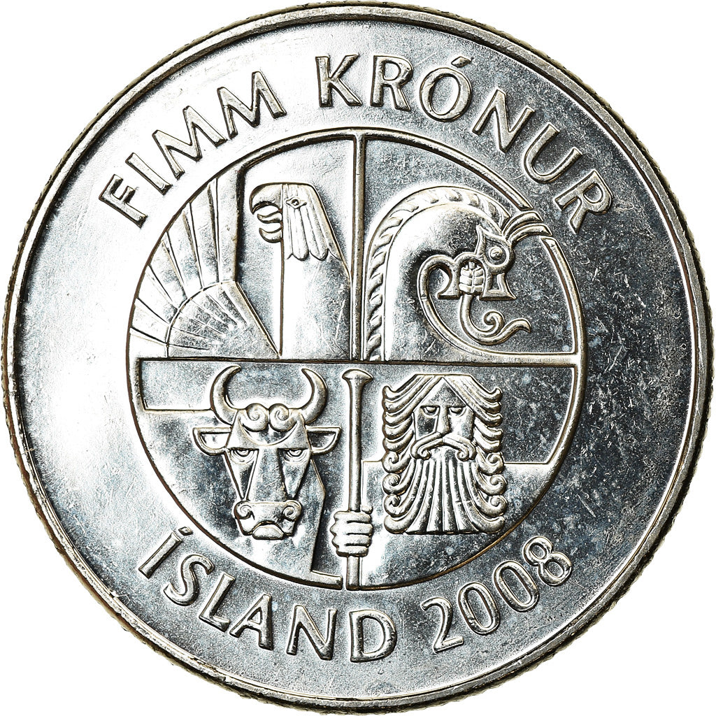 Coin, Iceland, 5 Kronur, 2008, MS(63), Nickel plated steel, KM:28a