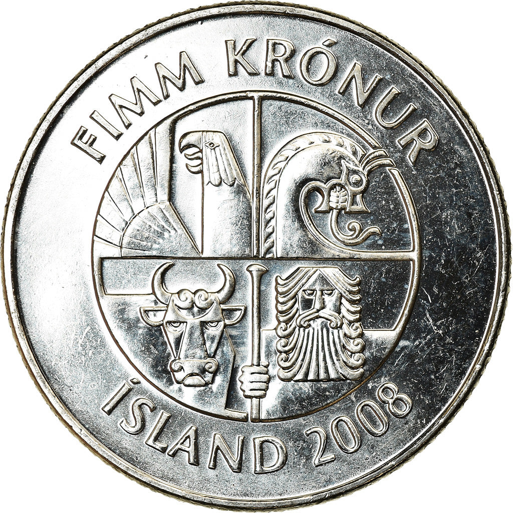 Moneda, Islandia, 5 Kronur, 2008, SC, Níquel chapado en acero, KM:28a