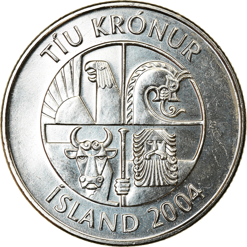Coin, Iceland, 10 Kronur, 2004, MS(63), Nickel plated steel, KM:29.1a