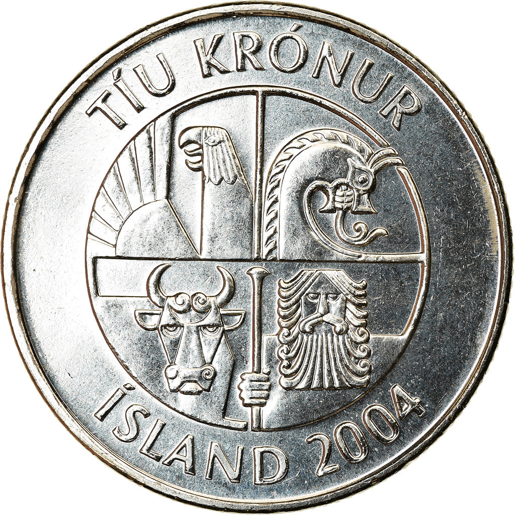 Coin, Iceland, 10 Kronur, 2004, MS(63), Nickel plated steel, KM:29.1a