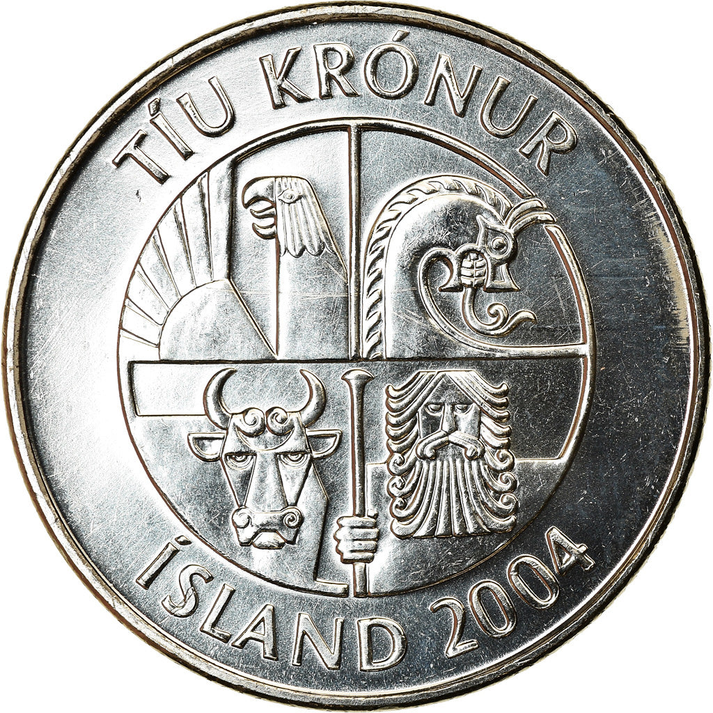 Moneda, Islandia, 10 Kronur, 2004, SC, Níquel chapado en acero, KM:29.1a