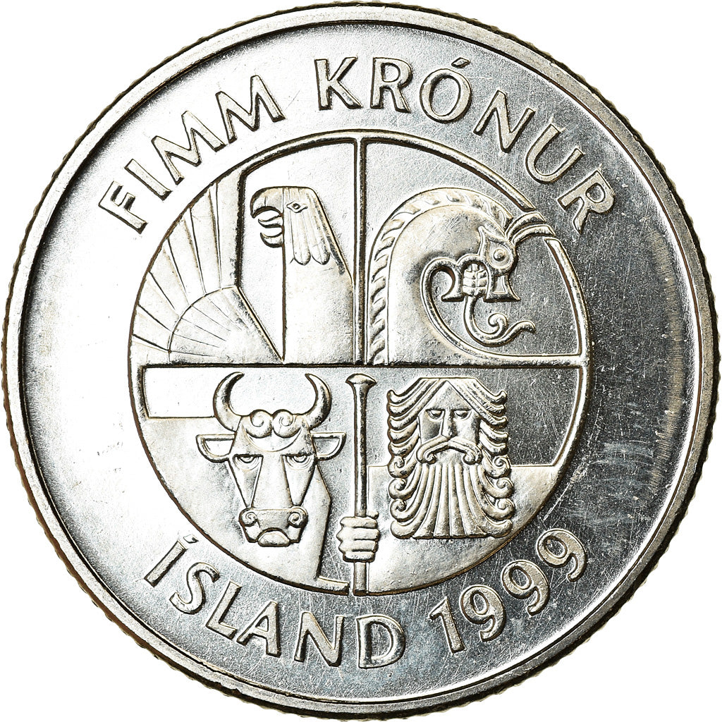 Munten, IJsland, 5 Kronur, 1999, UNC-, Nickel plated steel, KM:28a