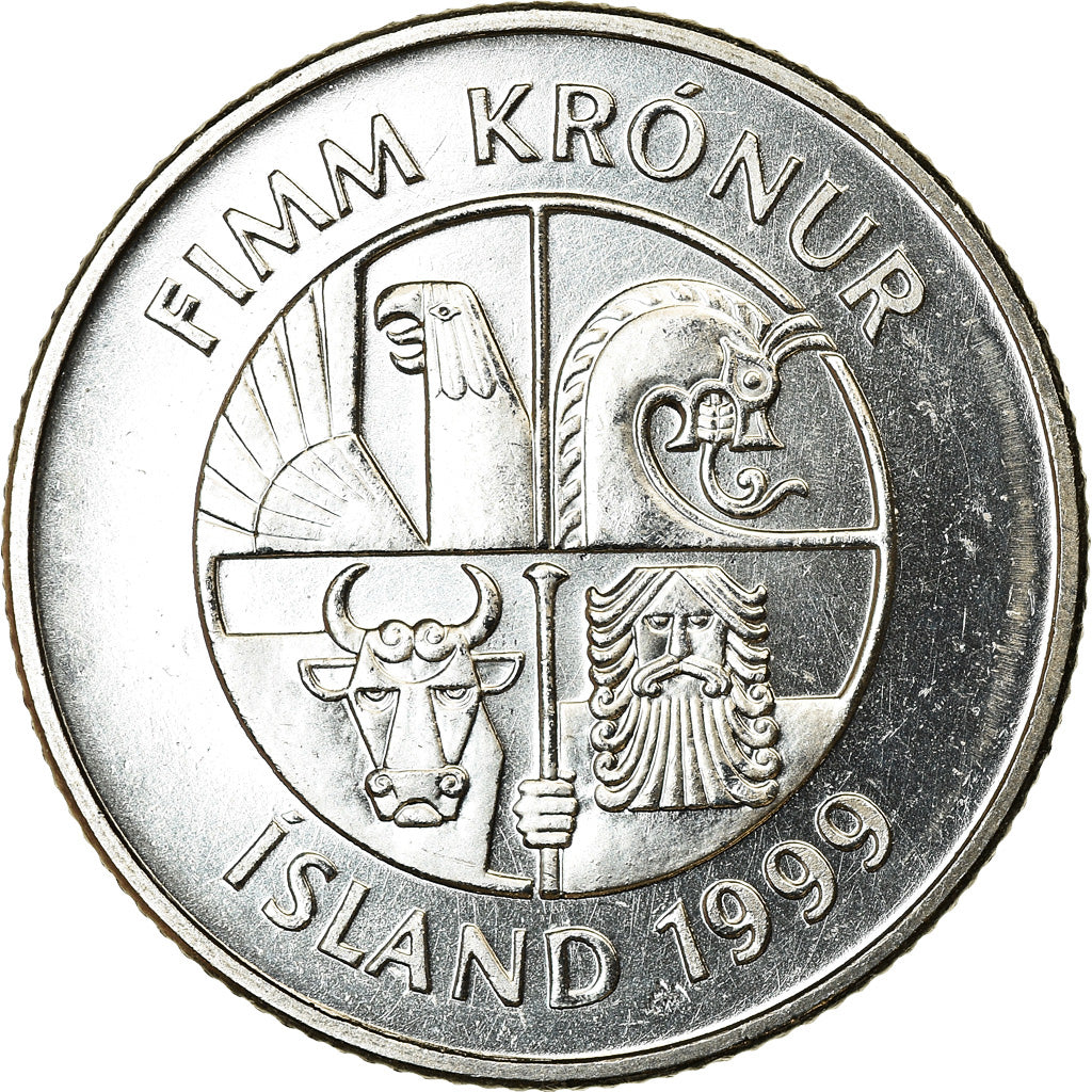 Munten, IJsland, 5 Kronur, 1999, UNC-, Nickel plated steel, KM:28a