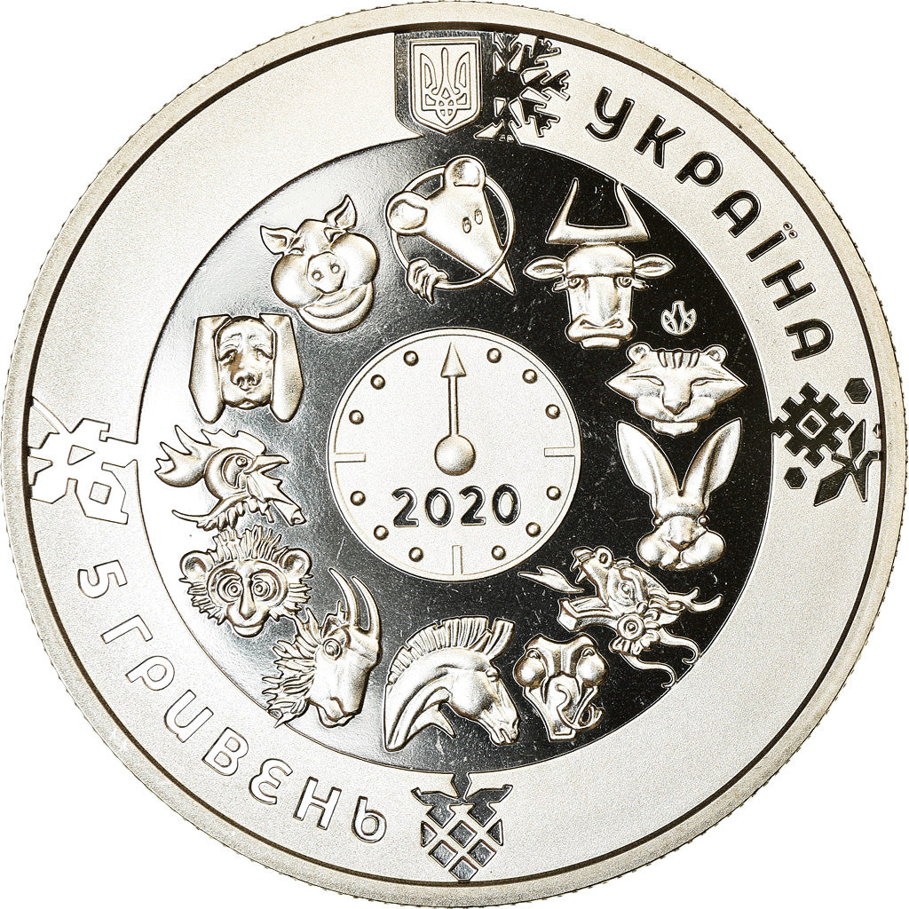 Moeda, Ucrânia, 5 Hryven, 2020, Kyiv, Année du Rat, MS(65-70), Alpaca