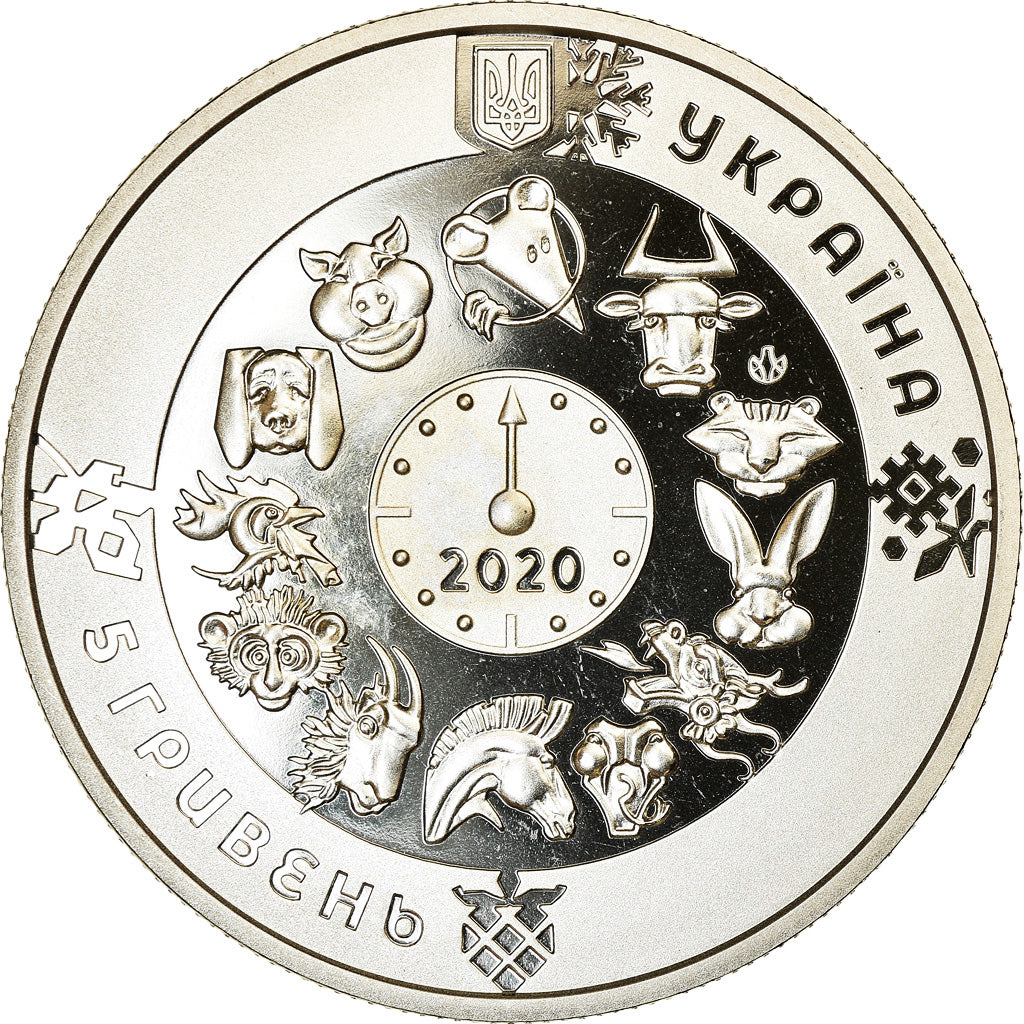 Coin, Ukraine, 5 Hryven, 2020, Kyiv, Année du Rat, MS(65-70), Maillechort