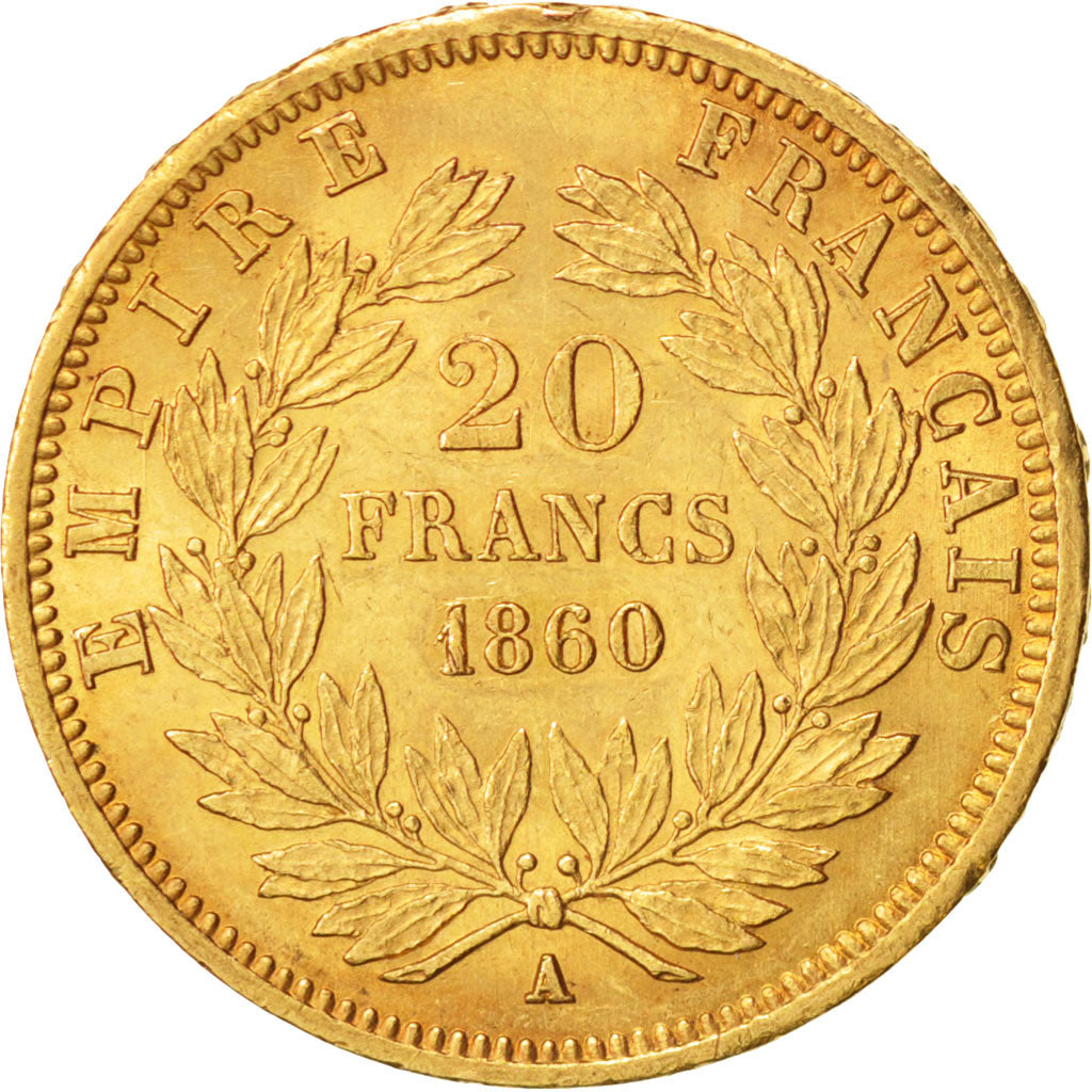 France,Napoleon III,20 Francs,1860,Paris,AU(50-53), Gold, KM 781.1, Gadoury 1061