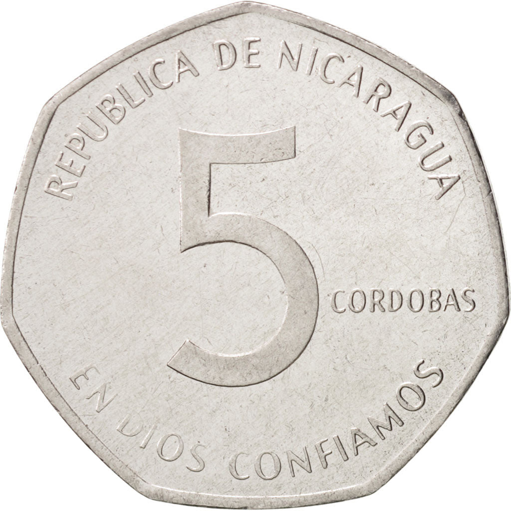 Nicaragua, 5 Cordobas, 1984, AU(50-53), Nickel Clad Steel, KM:44a