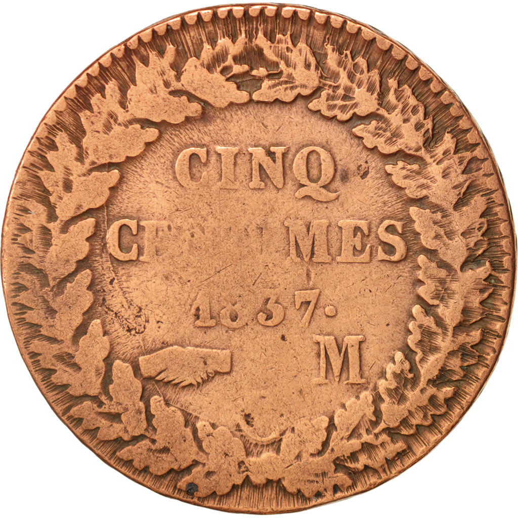 Monaco, Honore V, 5 Centimes, Cinq, 1837, Monaco, F(12-15), Copper, KM:95.2a