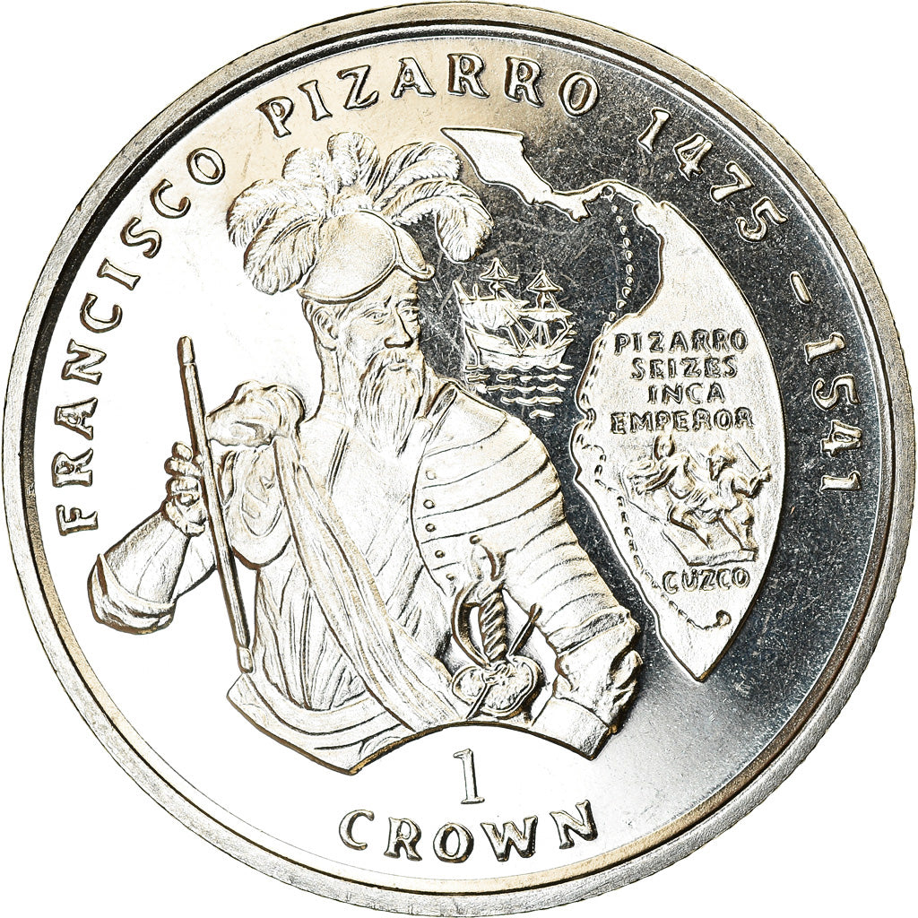Moneda, Isla de Man, Crown, 2000, Pobjoy Mint, Francisco Pizarro, SC