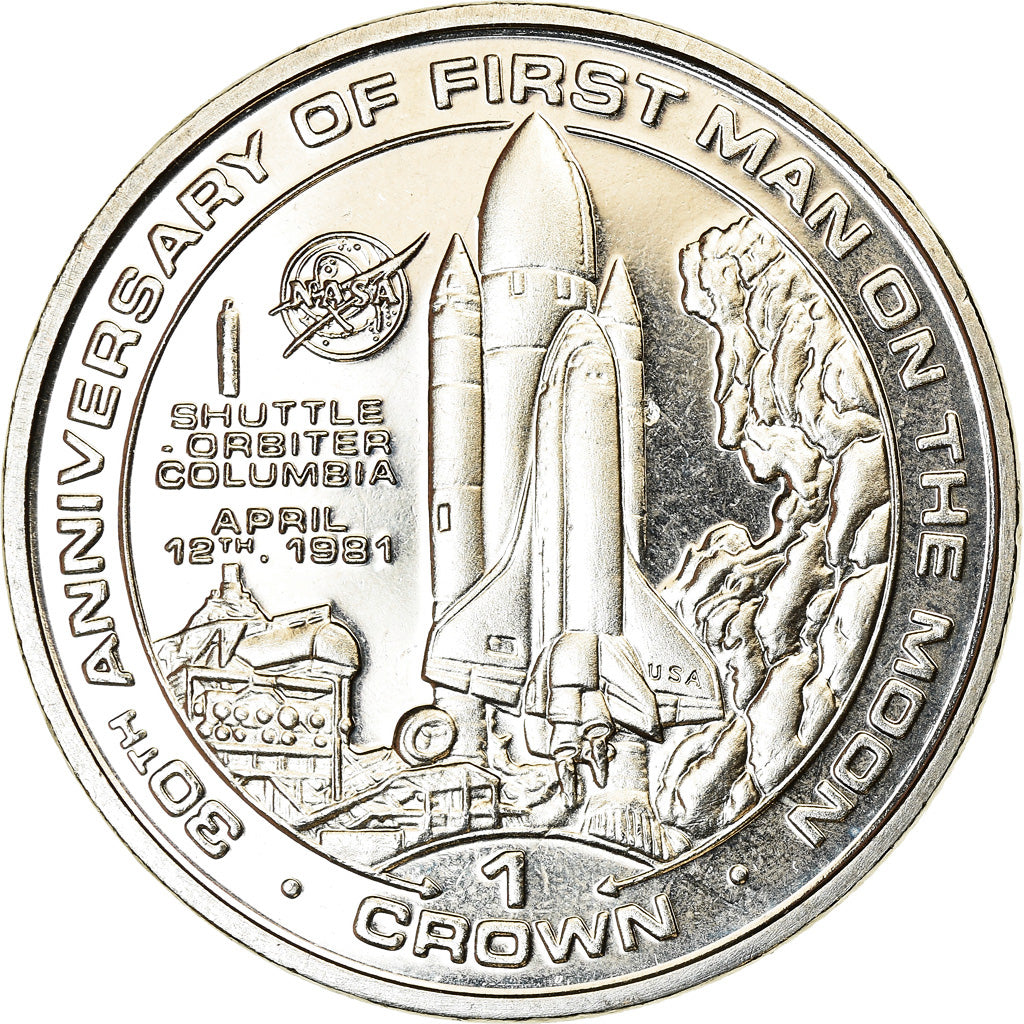 Moeda, Ilha de Man, Crown, 1999, Pobjoy Mint, 1er homme sur la lune, MS(63)