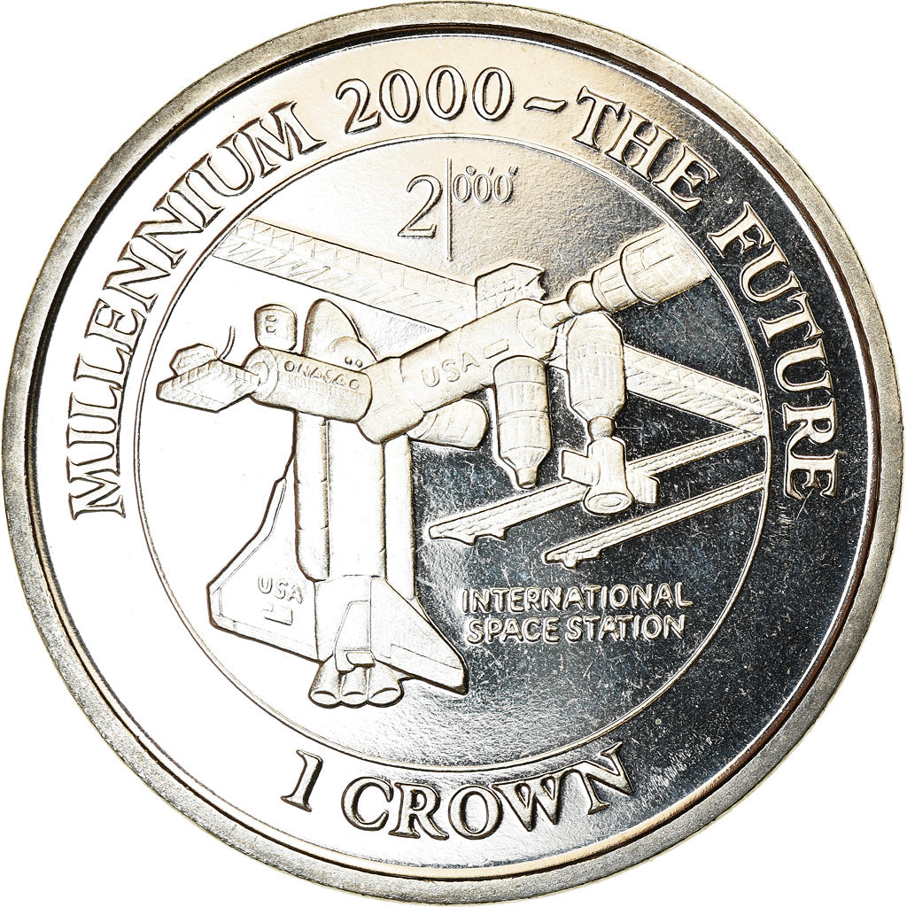Monnaie, Isle of Man, Crown, 2000, Pobjoy Mint, Millénaire - Station spatiale