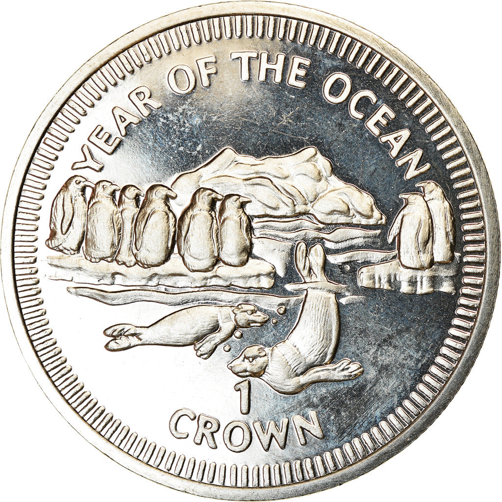 Münze, Isle of Man, Crown, 1998, Pobjoy Mint, Année de l'océan - Pingouins et