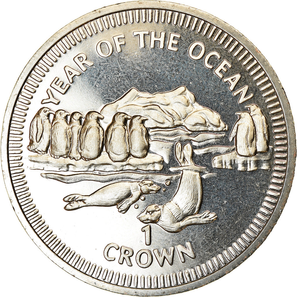 Coin, Isle of Man, Crown, 1998, Pobjoy Mint, Année de l'océan - Pingouins et