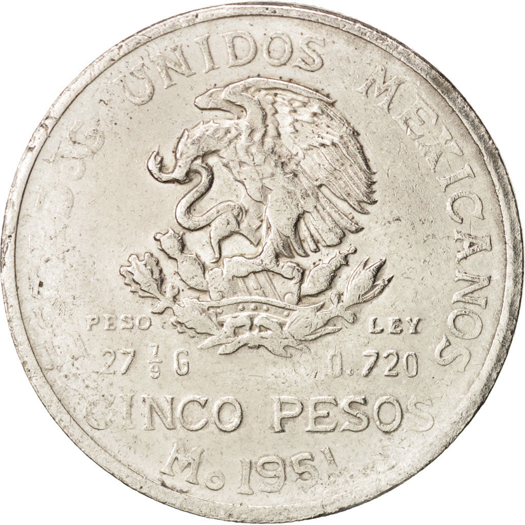 Mexico, 5 Pesos, 1951, Mexico City, AU(50-53), Silver, KM:467
