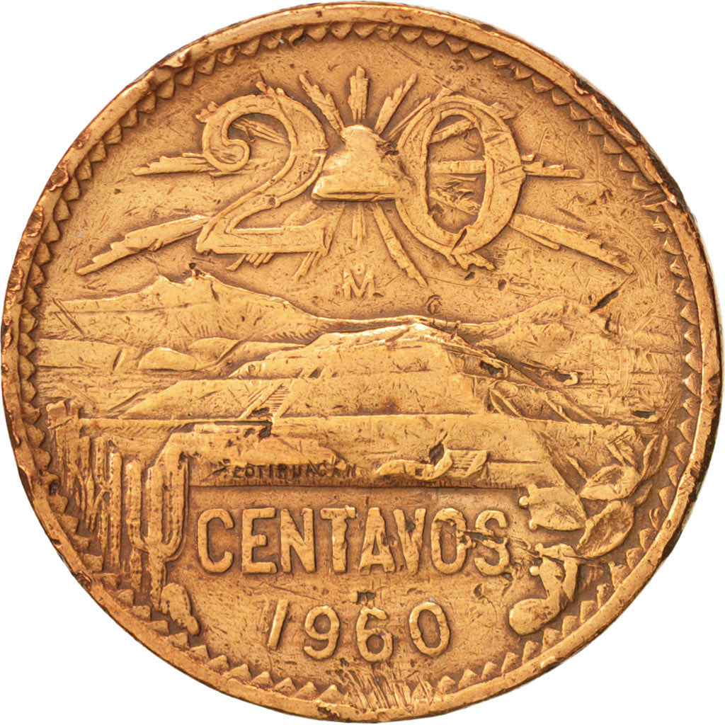 Mexico, 20 Centavos, 1960, Mexico City, EF(40-45), Bronze, KM:440