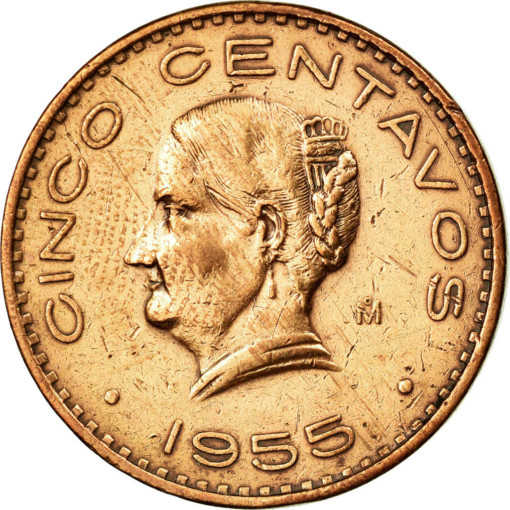 Moneda, México, 5 Centavos, 1955, Mexico City, MBC+, Bronce, KM:424