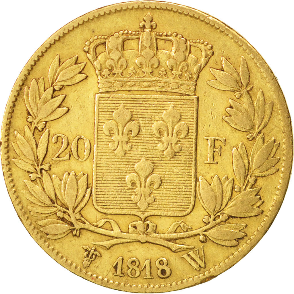 France, Louis XVIII, 20 Francs, 1818, Lille,EF(40-45),Gold,KM 712.9,Gadoury 1028