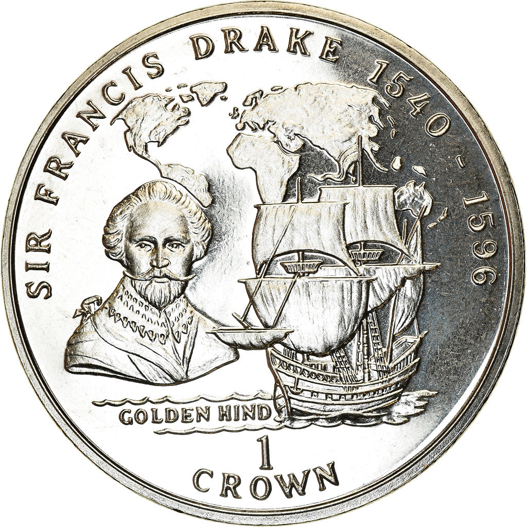 Moneta, Isola di Man, Elizabeth II, Crown, 1996, Pobjoy Mint, Sir Francis Drake
