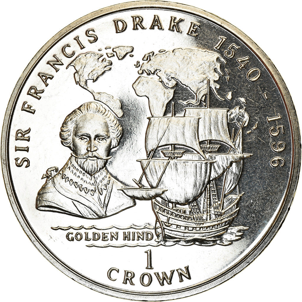 Moneta, Isola di Man, Elizabeth II, Crown, 1996, Pobjoy Mint, Sir Francis Drake