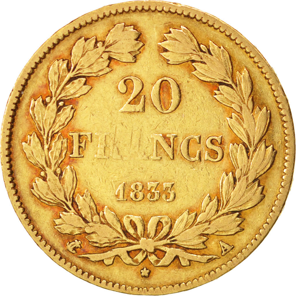France,Louis-Philippe,20 Francs,1833,Paris,VF(30-35), Gold,KM:750.1,Gadoury 1031