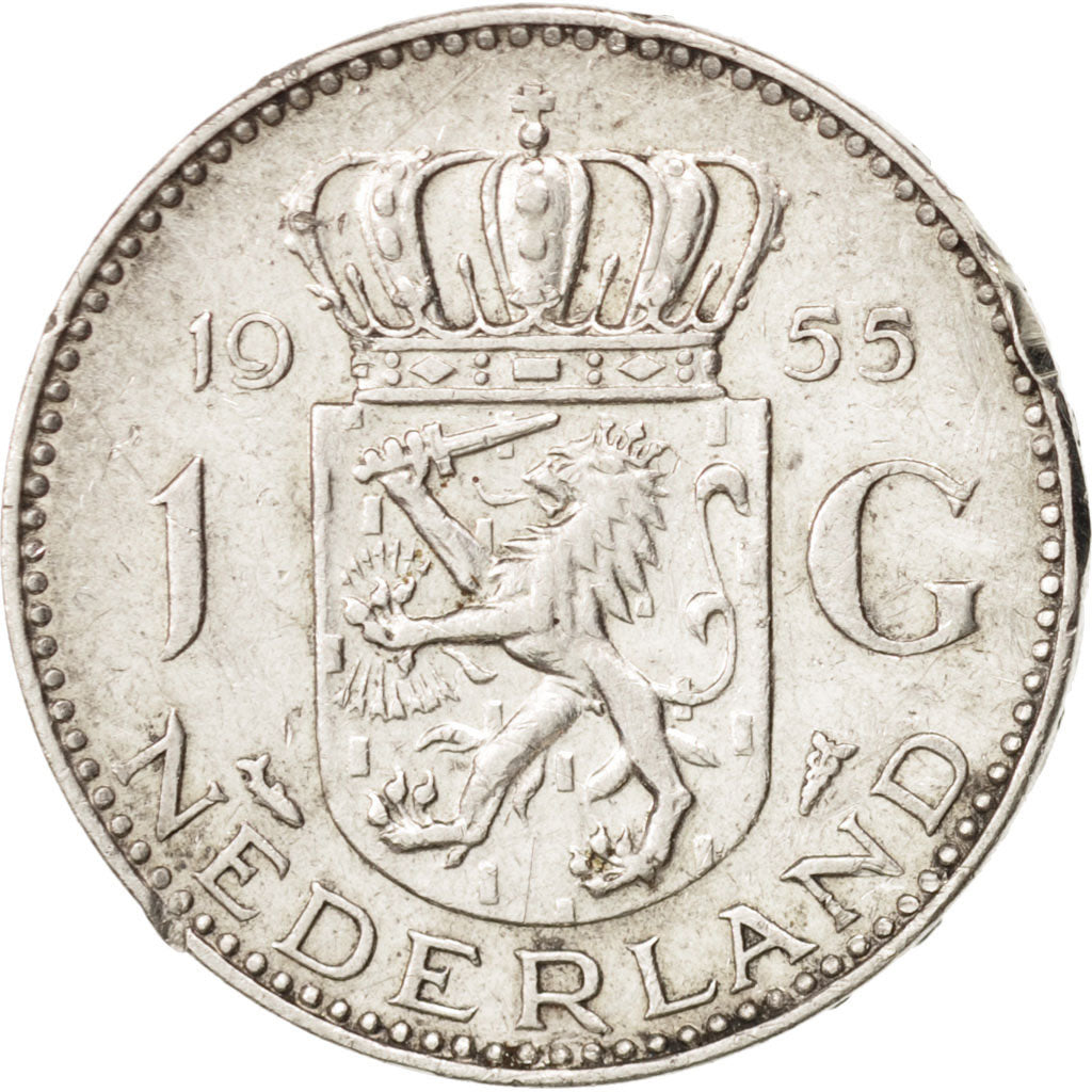 Netherlands, Juliana, Gulden, 1955, EF(40-45), Silver, KM:184