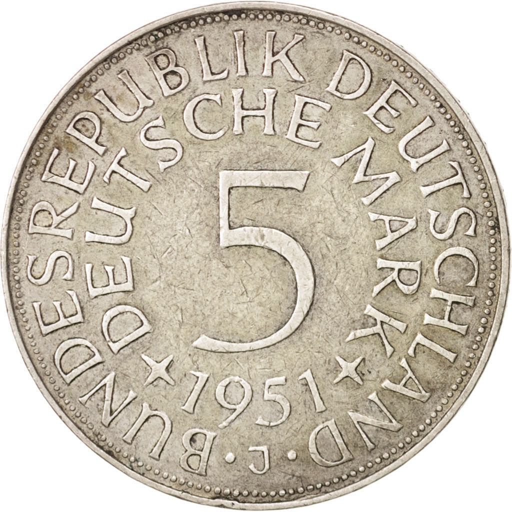 Coin, GERMANY - FEDERAL REPUBLIC, 5 Mark, 1951, Hamburg, EF(40-45), Silver