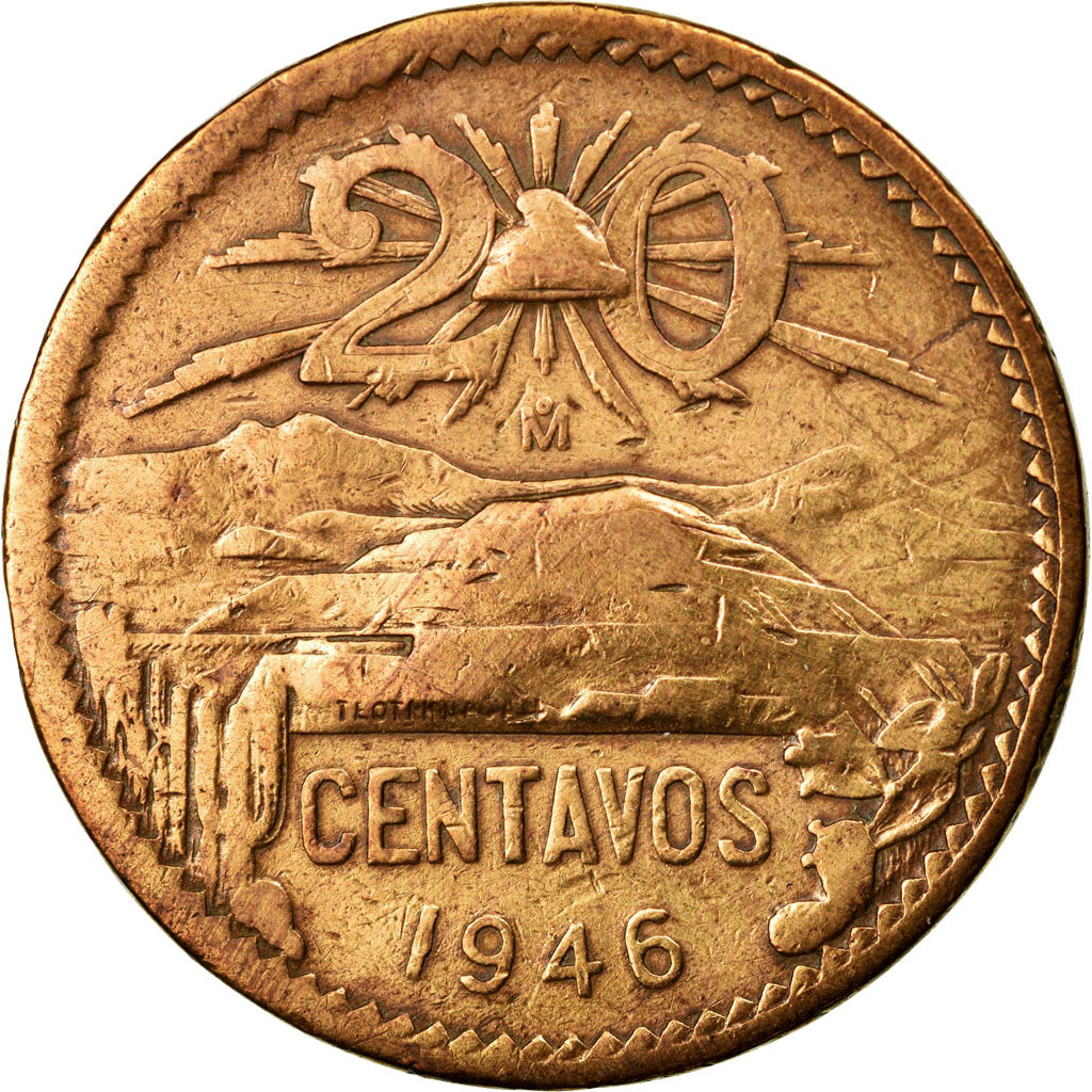 Moneda, México, 20 Centavos, 1946, Mexico City, MBC, Bronce, KM:439