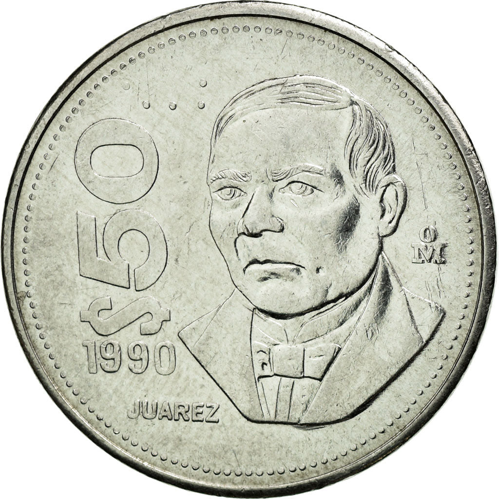 Moneda, México, 50 Pesos, 1990, Mexico City, MBC+, Acero inoxidable, KM:495a