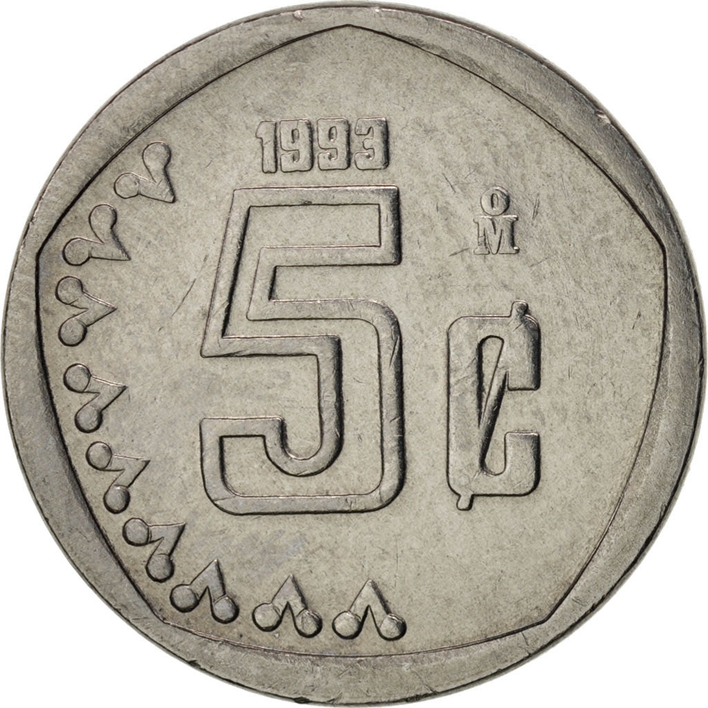 Mexico, 5 Centavos, 1993, Mexico City, AU(50-53), Stainless Steel, KM:546